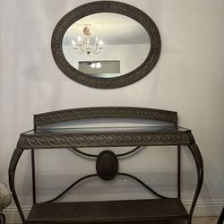 Wrought Iron Console  w/ Glass Top And Mirror 