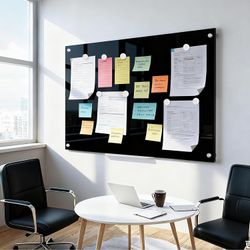 48” x 36” Large Black Dry Erase Board Tempered Magnetic Glassboard (4’ x 3’) Wall Mounted Frameless Dry Erase Black Glass Board 