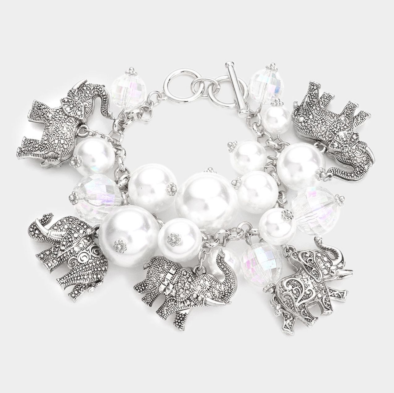 Silver Elephant Charm Bracelet With Pearls And Clear Beads
