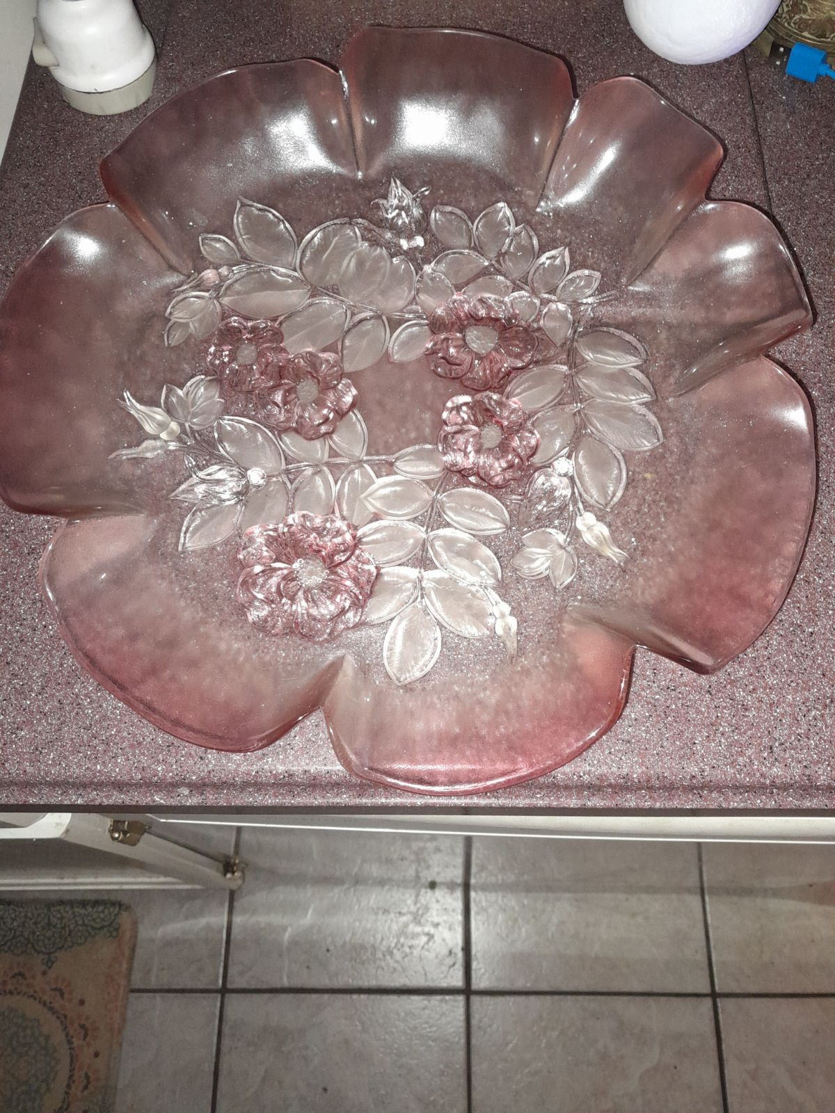 Vintage Mikasa Crystal Walther Germany Rosella Pink Frosted Flowers/Raised Flowers/Round Scalloped Edge/Serving Tray Vintage Pink Glass