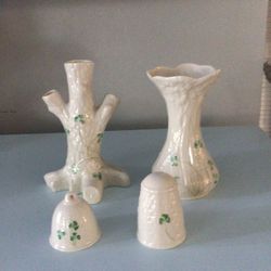 Antique Beleek Irish China Pieces - Tree Vase, Salt Shaker, Bell