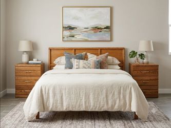 Mid-Century Modern / Vintage Solid Wood Queen Headboard & Nightstand Set