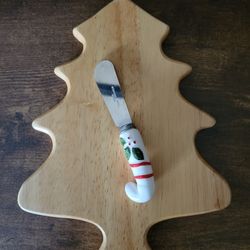 Christmas Tree-Shaped Cheese Board with Candy Cane Handled Cheese Knife 