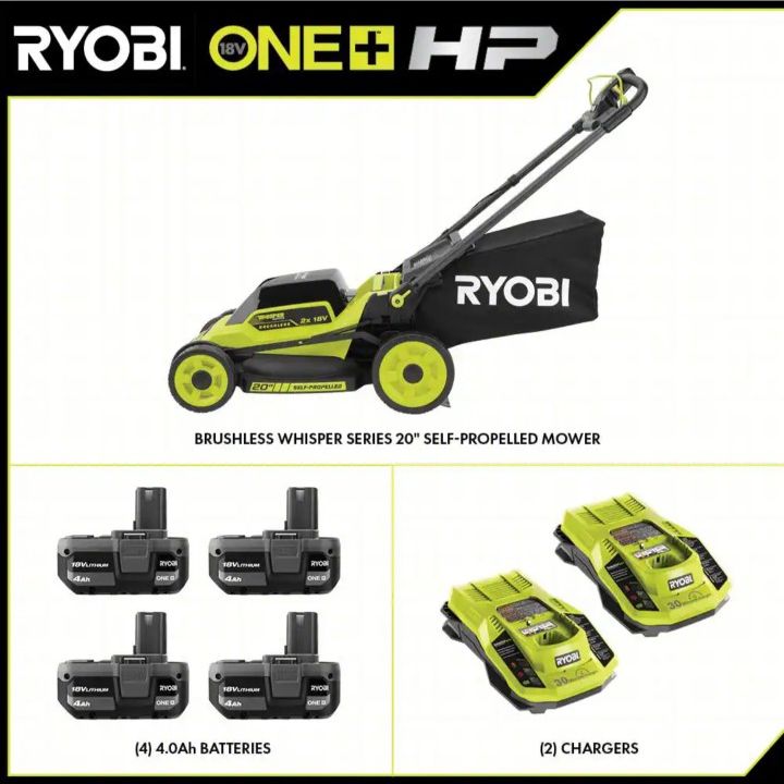 Ryobi ONE+ 18V HP Brushless Whisper Series 20" Self-Propelled Multi-Blade Walk Behind Mower - (4) 4.0 Batteries & (2) Chargers

