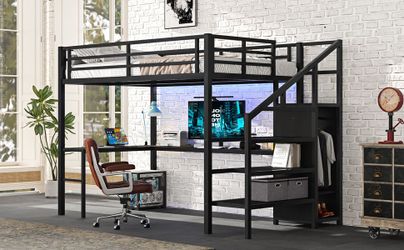 Full Size Loft Bed with L-shaped Desk and USB, Metal Loft Bed with Wardrobe and Adjustable Shelf, High Loft Bed with LED for Kids Teens Adults, Black