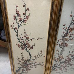 Chinese silk painting of cherry blossom branches with bees