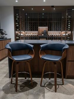 Modern Swivel Blue Bar Stools Set of 2 Upholstered Counter Height