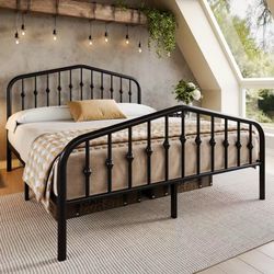 Queen Bed Frame Metal with Slightly Triangular Headboard, Inset Spindles, Adjustable Base for Storage, No Box Spring Needed, Black