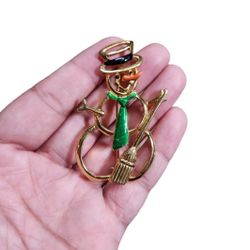 Vintage Gold Toned Glossy Enamel Snowman Pin