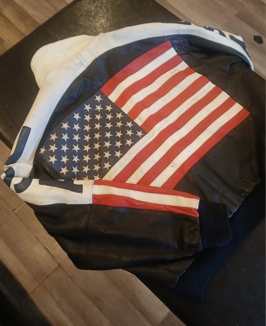 VINTAGE 90s Michael Hoban Wheremi USA American Flag Leather Bomber Jacket 2XLT