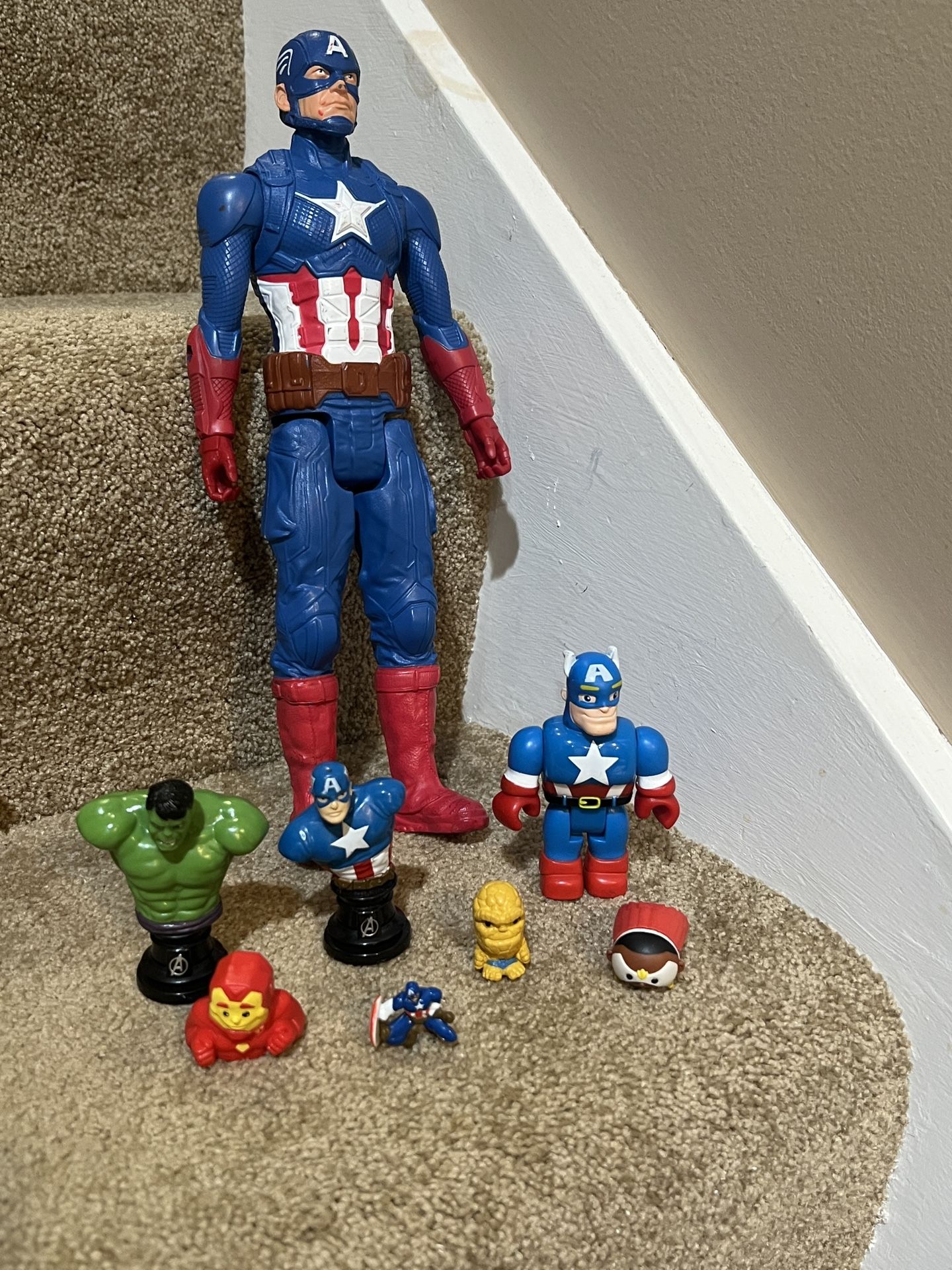 Marvel lot of 8 figures Captain America 12” Ironman Thing topper Tsum Hulk bust