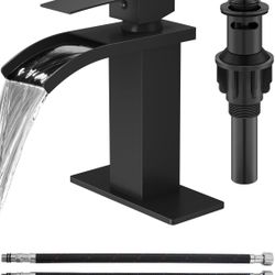 Black Waterfall Bathroom Faucet Single Hole Bathroom Faucet, Single Handle Vanity Sink Faucet with Deck Plate, Pop-up Drain & Supply Lines, Matte Blac