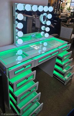 Vanity Desk With 11- Glass Fronted Drawers and Vanity Mirror.