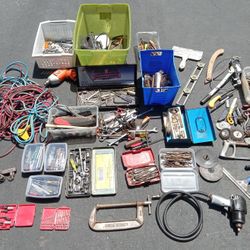 Large Lot Of Hand And Power Tools , Air Ratchet, Drill, Sockets Wrenches Visegrip Large C Clamp Drill Bits Extension Cords And More 