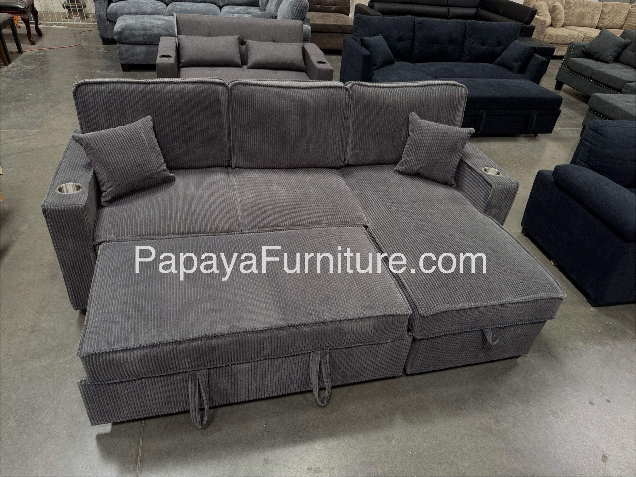 New! 89”L Reversible Grey corduroy Sectional Sofa Bed, Sectional Sofa Bed, Grey Sofa, Sleeper Sofa, Grey Couch, Reversible Sectional, Sectional Sofa