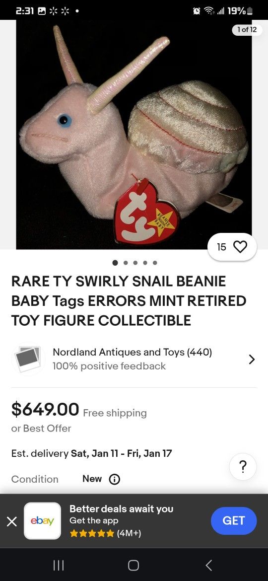 Rare Ty Swirly Snail Beanie Baby
