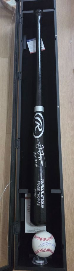 Frank Thomasl baseball bat and ball featuring a "HOF 2014" inscription