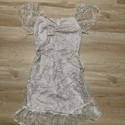 Styled Shimmering Silver and Cream Mini Dress