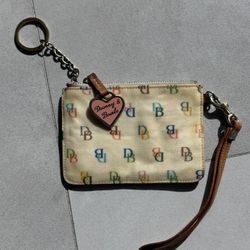  Vintage Dooney & Bourke Rainbow Zipper Multicolor Initial 6"x4" Wristlet Wallet Keychain Card Holder Coin Purse with Metal Pink Heart Bag Charm Tag