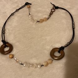 20”Handmade Leather Necklace With Genuine Brass,pearls, Stones, & Crystals Necklace 