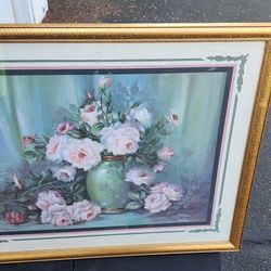 Home Interiors Framed Print Pink Roses Overflowing in Green Vase Wanta 26x32 in