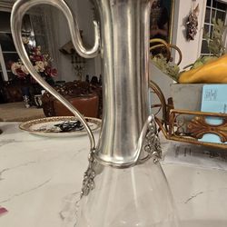 French Style PEWTER & GLASS DECANTER w/ Grape Adornments / Hinged Lid ~ Teardrop Shaped Wine/Water Carafe Jug ~ Rare Vintage Collectible

