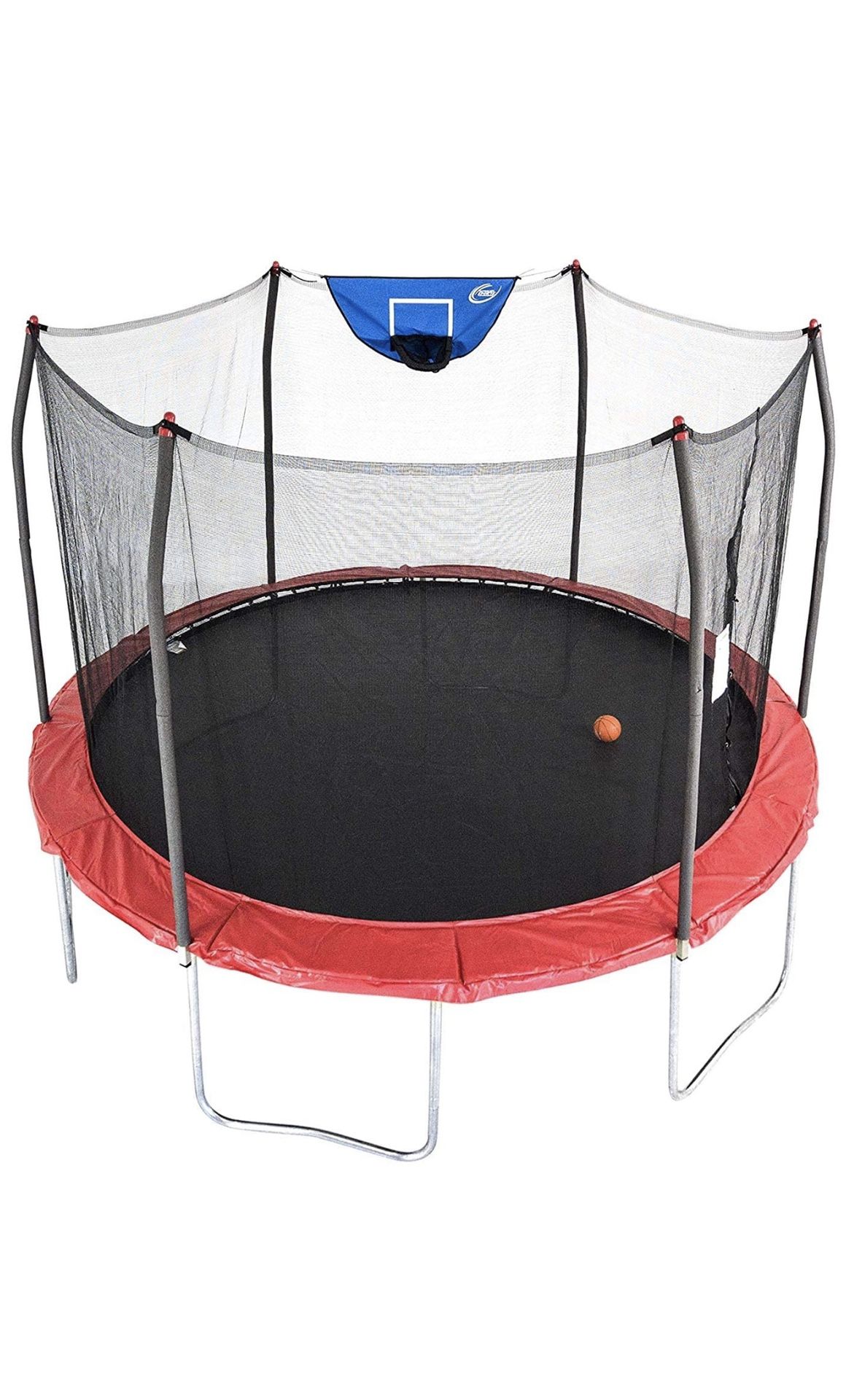 Skywalker 12’ trampoline with basketball hoop and safety enclosure
