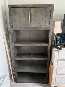 Dark Gray Wood Bookcase with Cabinet and desk