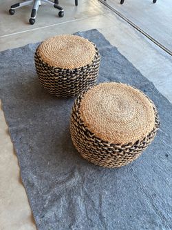 Cora Black Geometric Hand-Woven Organic Jute Blend Ottoman Pouf