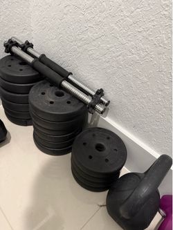 Weights and a dumbbell