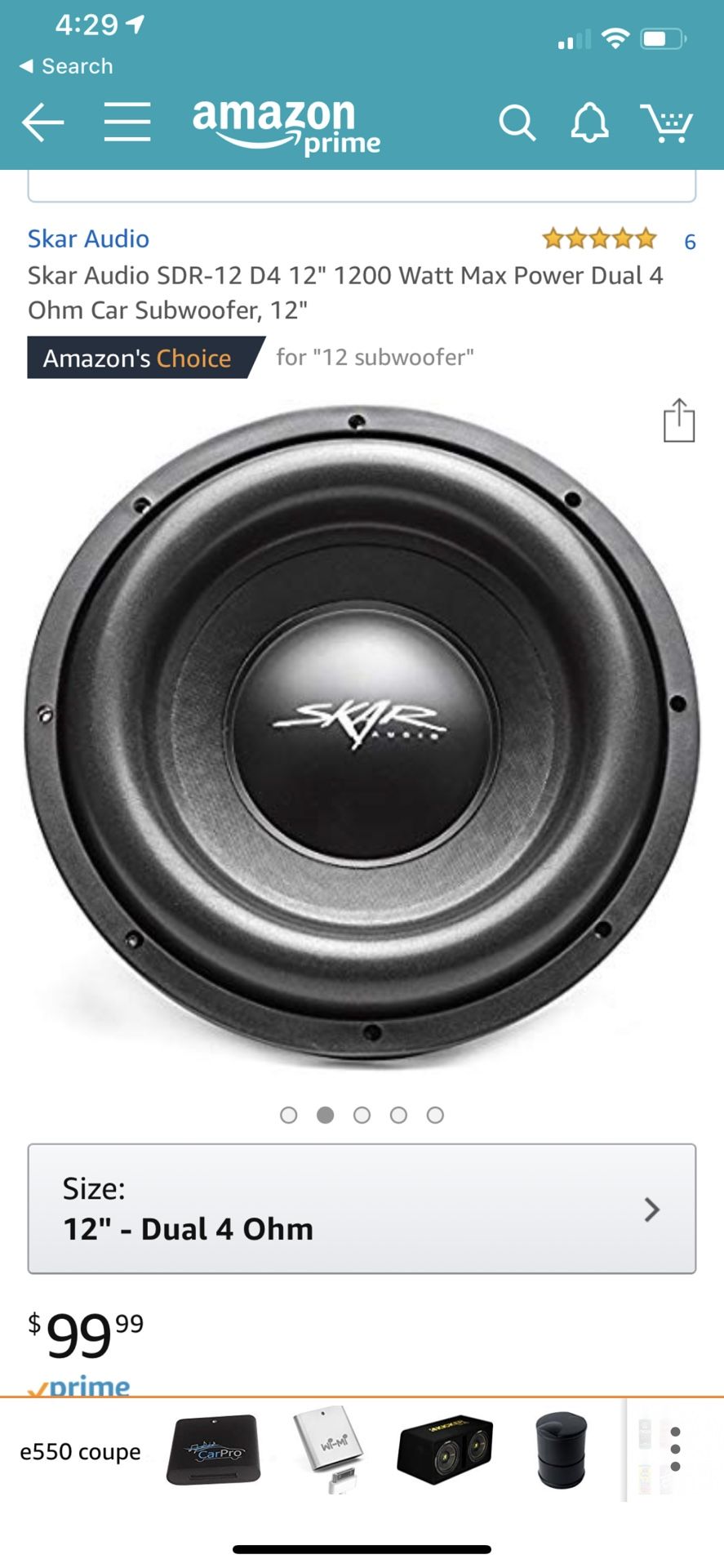 Skar Audio SDR-12 D4 12" 1200 Watt Max Power Dual 4 Ohm Car Subwoofer, 12"