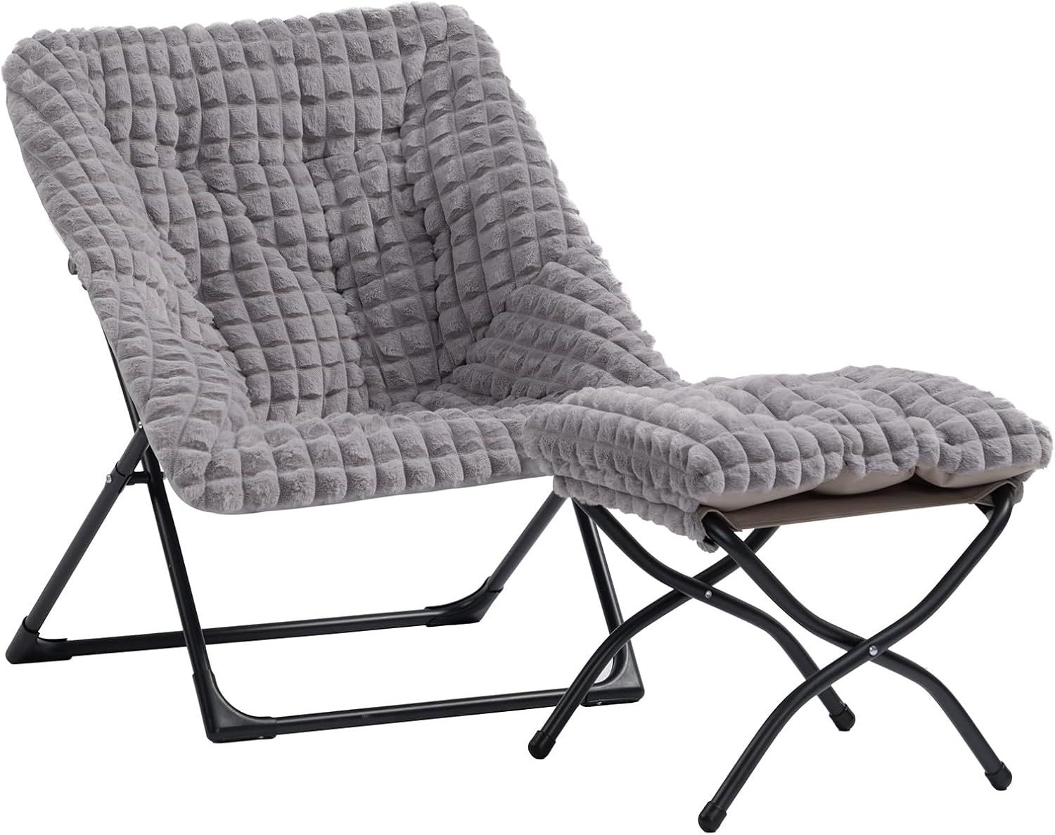 HollyHOME X-Large Saucer Chair with Foldable Ottoman, Comfy Oversized Folding Chair and Folding Footrest Stool Set, Faux-Fur Reading Chair and Footsto