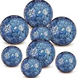 Qinyoung Blue 8 Pcs Decorative Ball for Bowls, 3'' 4'' Glass Mosaic Sphere Decorative Orbs for Cente