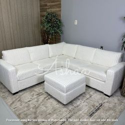 White Jumbo Corduroy 4-Piece Sectional Set With ottoman