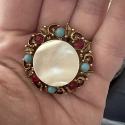Mother Of Pearl Gold Toned Vintage Brooch With Rhinestones 