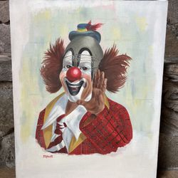 Vintage Portrait Of A Clown Painting Acrylic Signed On Canvas