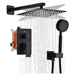 Matte Black Rainfall Shower Head, Wall Mounted 10 Inch Shower Heads with Handheld Spray Combo, Luxury Bathroom Square Rain Shower System, Solid Brass 