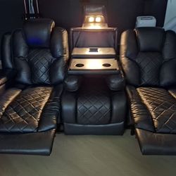 Black Panther Leather Blue Lighting Entertainment Dual Leather Recliners.