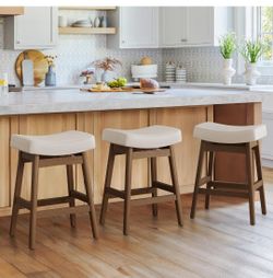 Counter-Height Bar Stools with Saddle Seats, Set of 3 for Kitchen and Dining Room, 24-inch, Antique White/Faux Leather(Alexander)