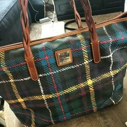 Dooney & Bourke Tartan Plaid Large Zip Tote Satchel, Coated Canvas and Leather