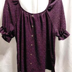 Perseption Concept Eyelet Button Front Puff Sleeve Top