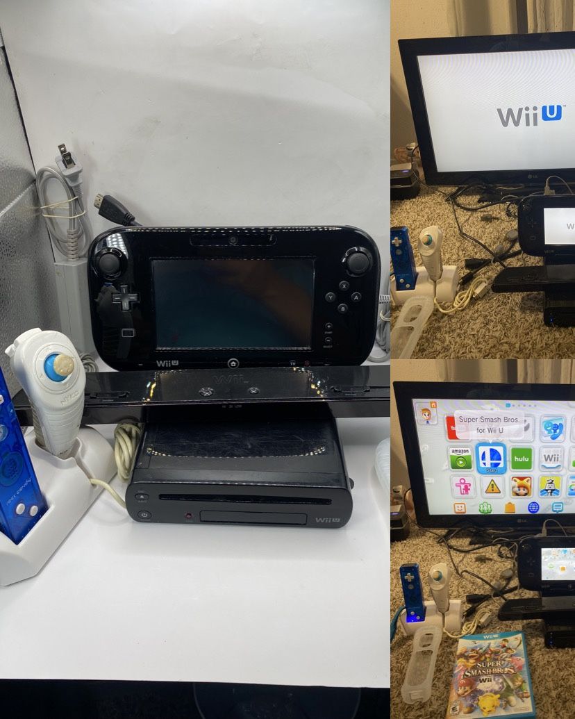 Nintendo Wii U Black 32GB Gamepad Wiimote Stands Sensor Cords Tested Complete