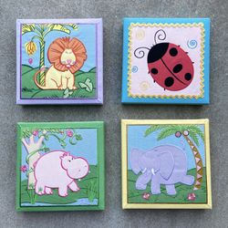 4  PIECE WALL ANIMAL ART NURSERY BABY DECOR CHILD ROOM-Stitched Fabric Canvases 
