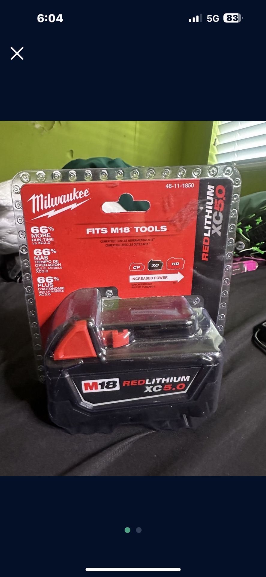 Milwaukee M18 18-Volt 5.0 Ah Lithium-lon XC Extended Capacity Battery Pack Store SKU# 1001-222-707 $100 dlls bradnew