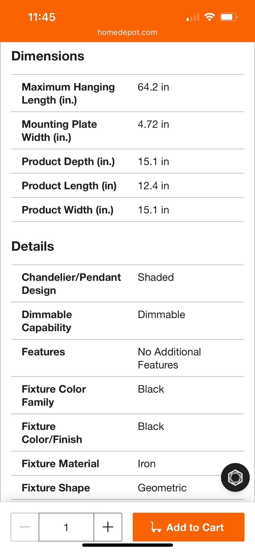 Lise 15 in. 1 Light Black Chandelier with Fabric Shade