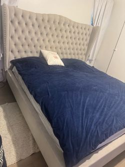 King Bed Frame + Mattress + Huge Suede Headboard