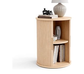 End Table, Tall Side Table with Sliding Tambour Door and Storage Shelf, Modern Bedside Table, Mid-Century Nightstand for Living Room, Bedroom, Oak