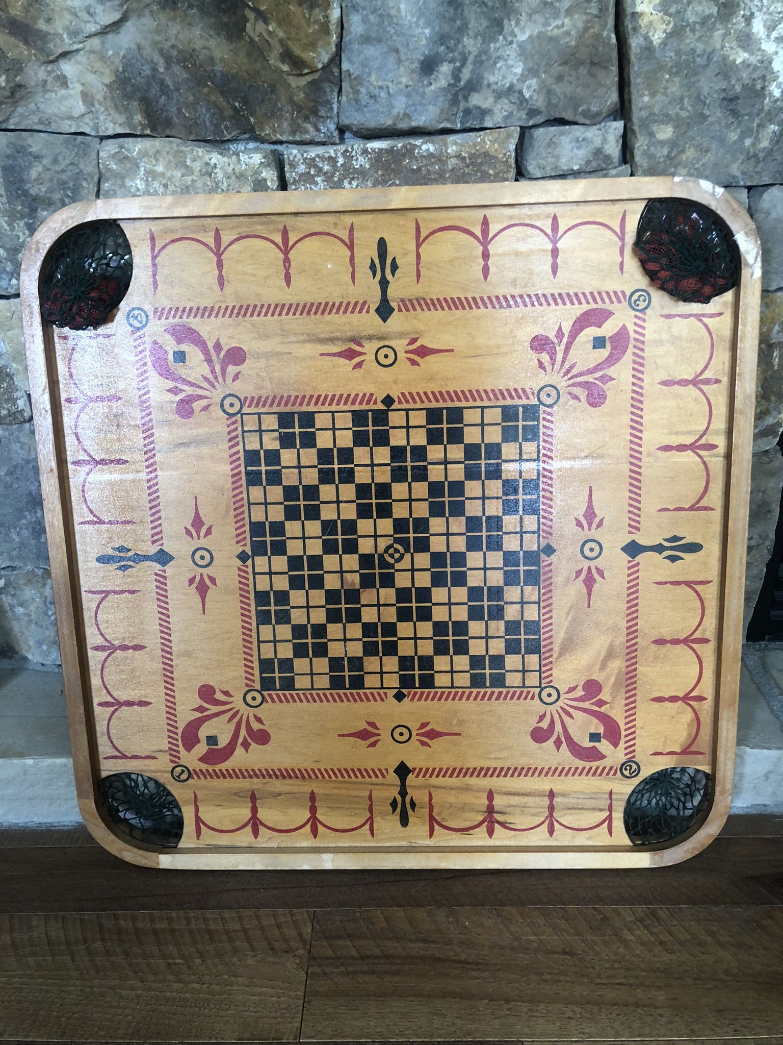 Vintage Wooden Carrom Board And Checker Board With Pieces