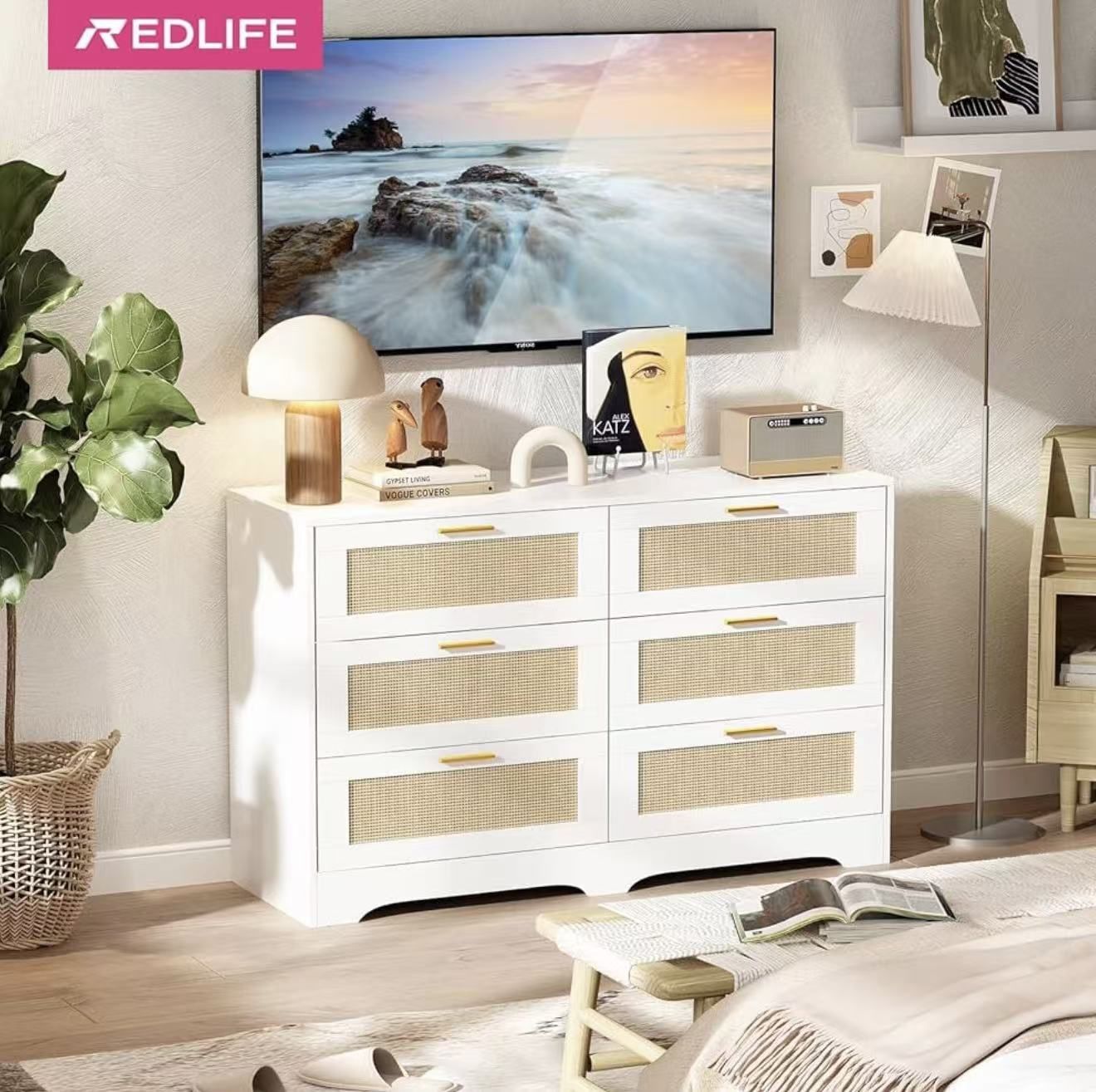 White rattan dresser for bedroom, 6-drawer dresser with golden handles $100