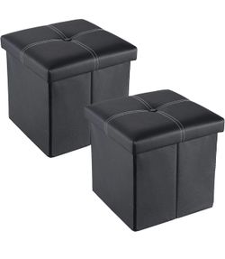 Leather Folding Storage Ottoman Coffee Table Small Foot Stool for Living Room, Bedroom, 11.8"X11.8"X11.8", Black Pack of 2
